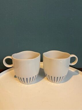 Pair Of Juliska Sitio White & Indigo Blue Stripe Mugs / Cups